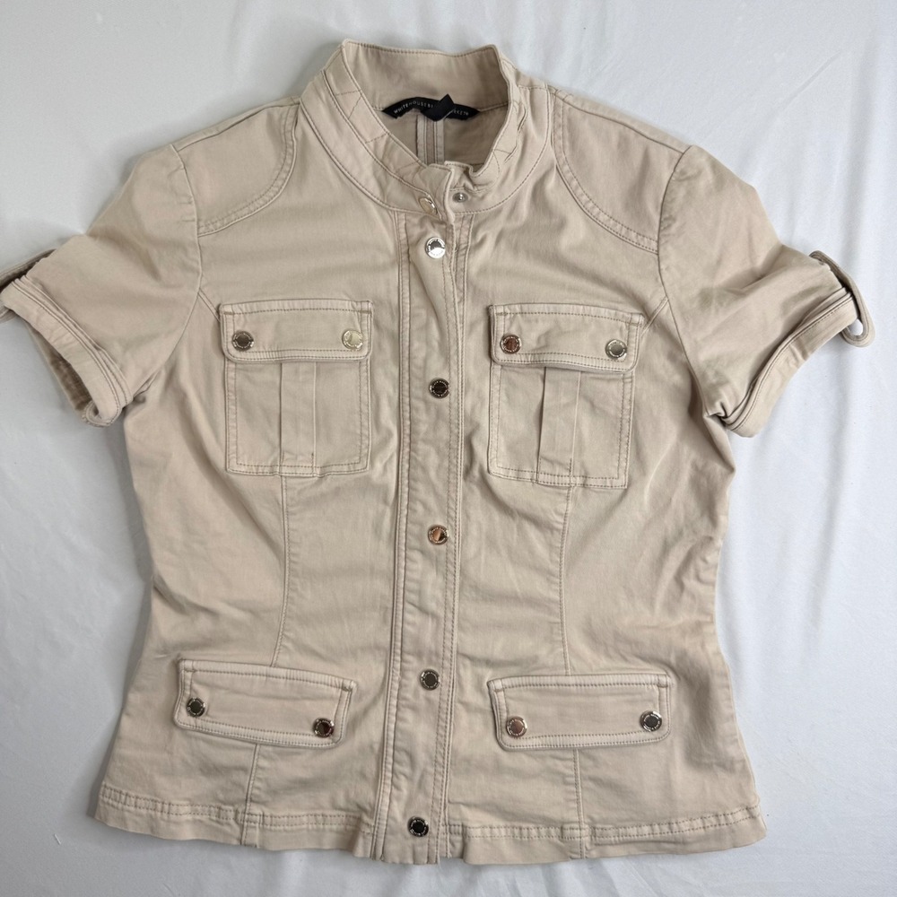White House Black Market Tan Utility Jacket Short Sleeve Cargo Size 8 Khaki